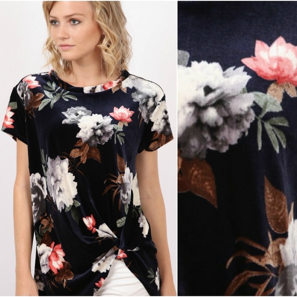 NEW Floral Velvet Side Twist Knot Detail Top - Picture 3 of 3